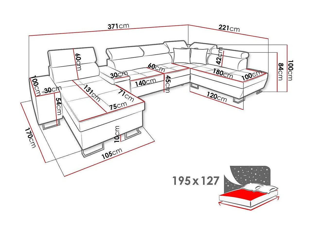 Canapé d'angle Pearland 113, Noir, Fonction de couchage, Boîte de literie, 371x221x84cm