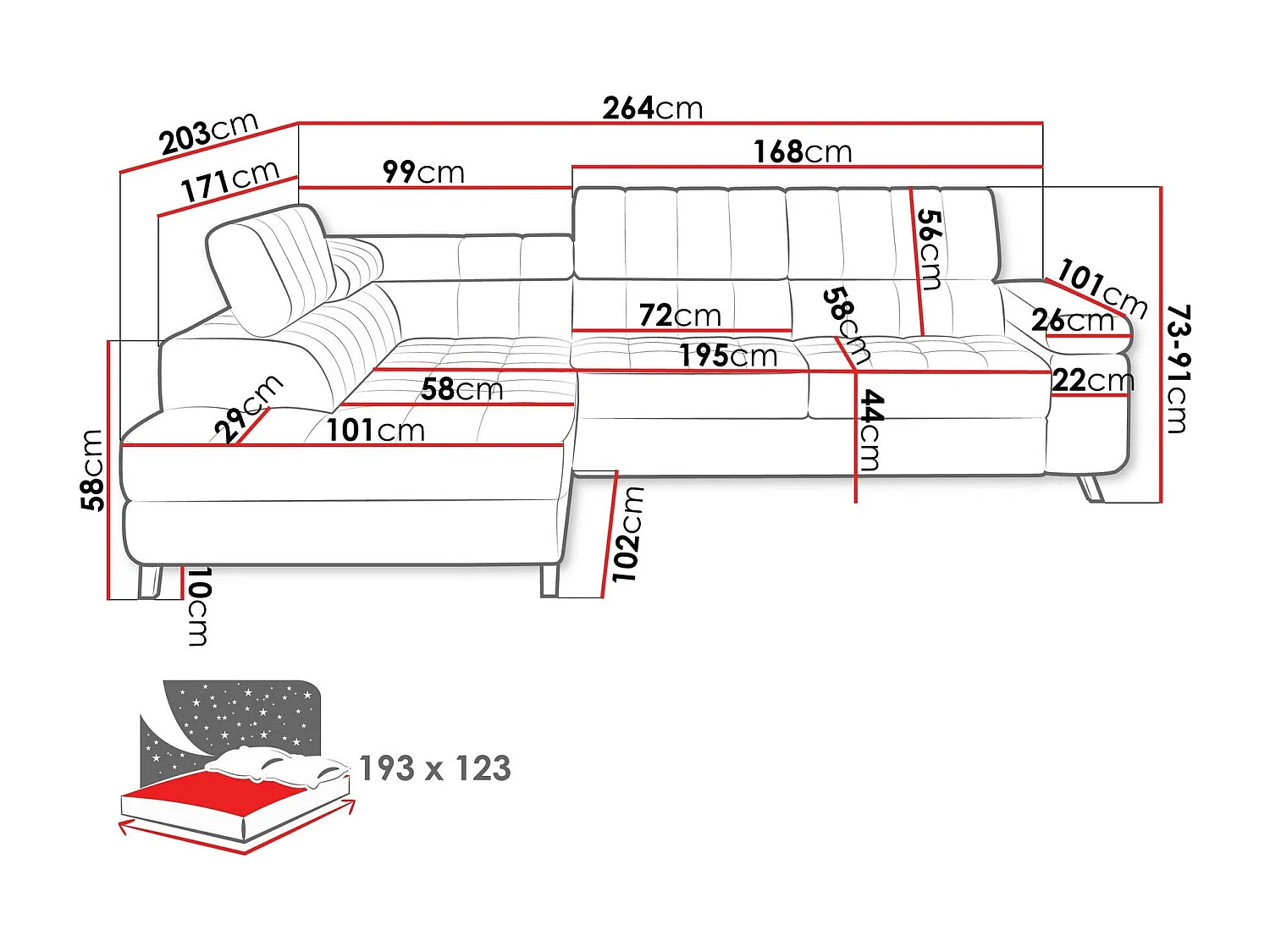 Sofá rinconero Comfivo 207, Negro, Función de descanso, Almacenaje, 264x203x73cm