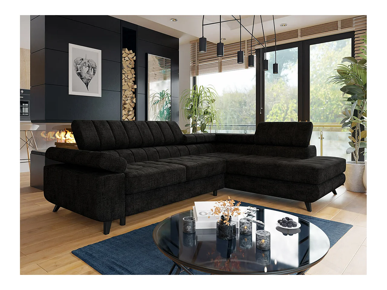 Canapé d'angle Comfivo 207, Noir, Fonction de couchage, Boîte de literie, 264x203x73cm