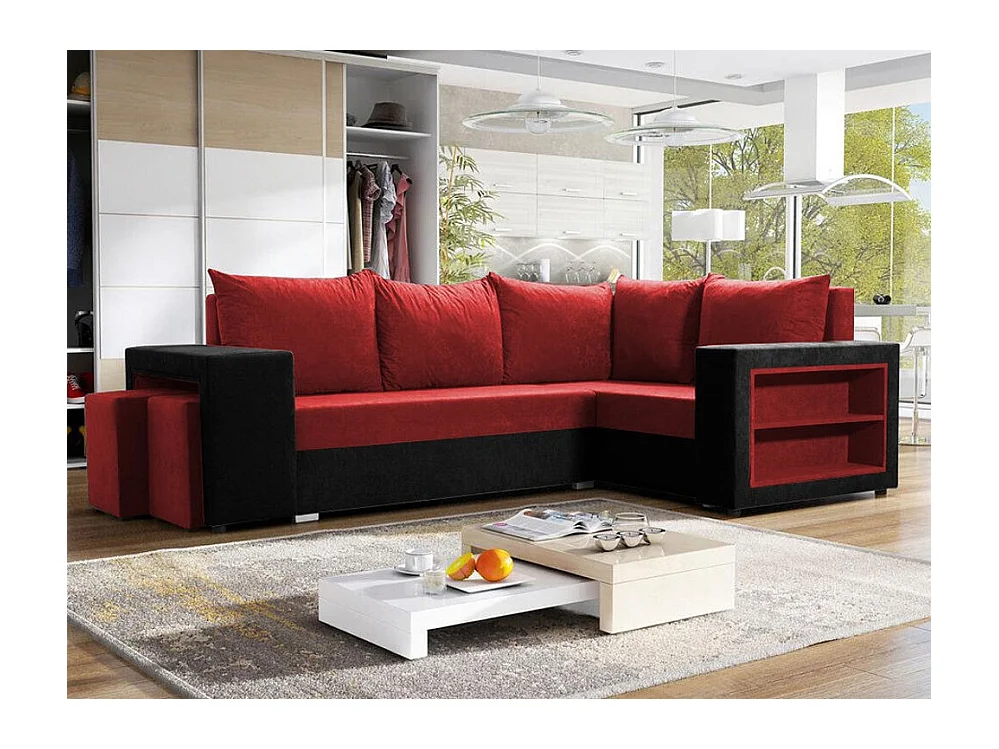 Canapé d'angle Muncie 103, Rouge, Fonction de couchage, Boîte de literie, 250x162x85cm