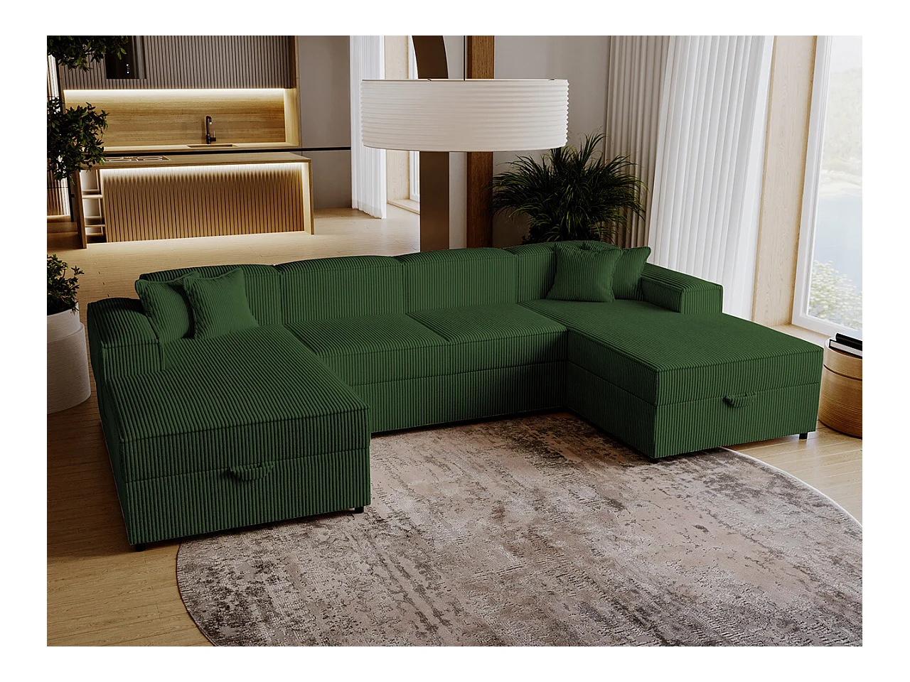 Canapé d'angle Clovis 115, Vert, Fonction de couchage, Boîte de literie, 320x166x79cm