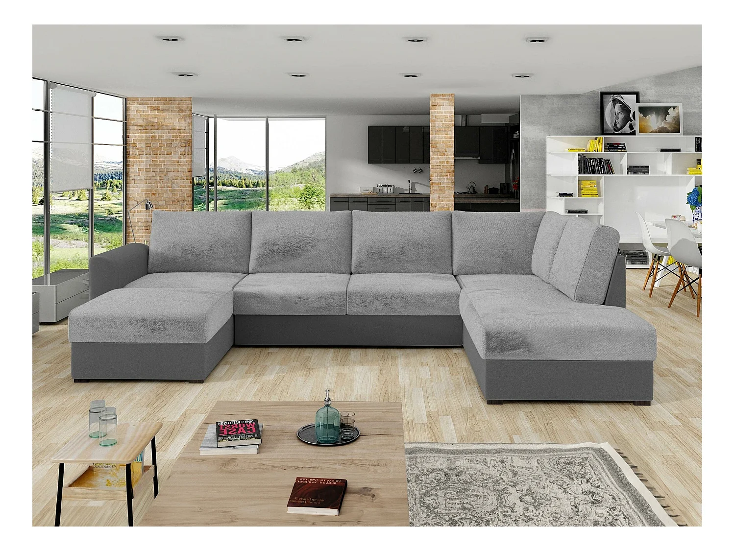 Canapé d'angle Comfivo 189, Gris, Fonction de couchage, Boîte de literie, 305x188x85cm