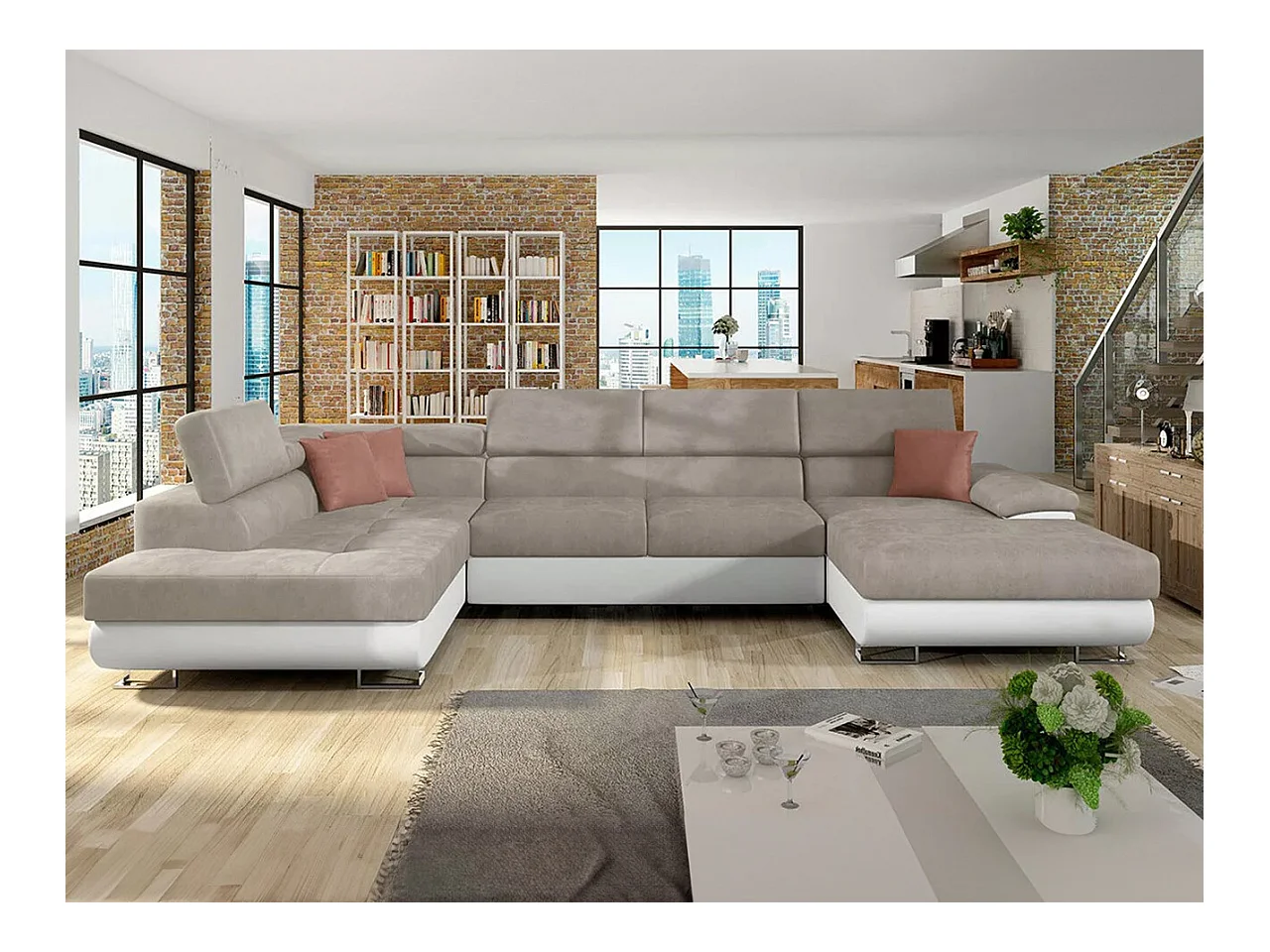 Canapé d'angle Comfivo 190, Brun clair, Fonction de couchage, Boîte de literie, 345x202cm