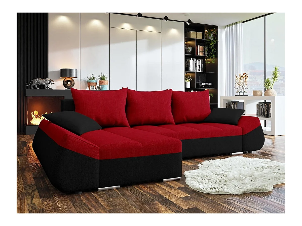 Canapé d'angle Memphis 111, Rouge, Fonction de couchage, Boîte de literie, 276x131x79cm