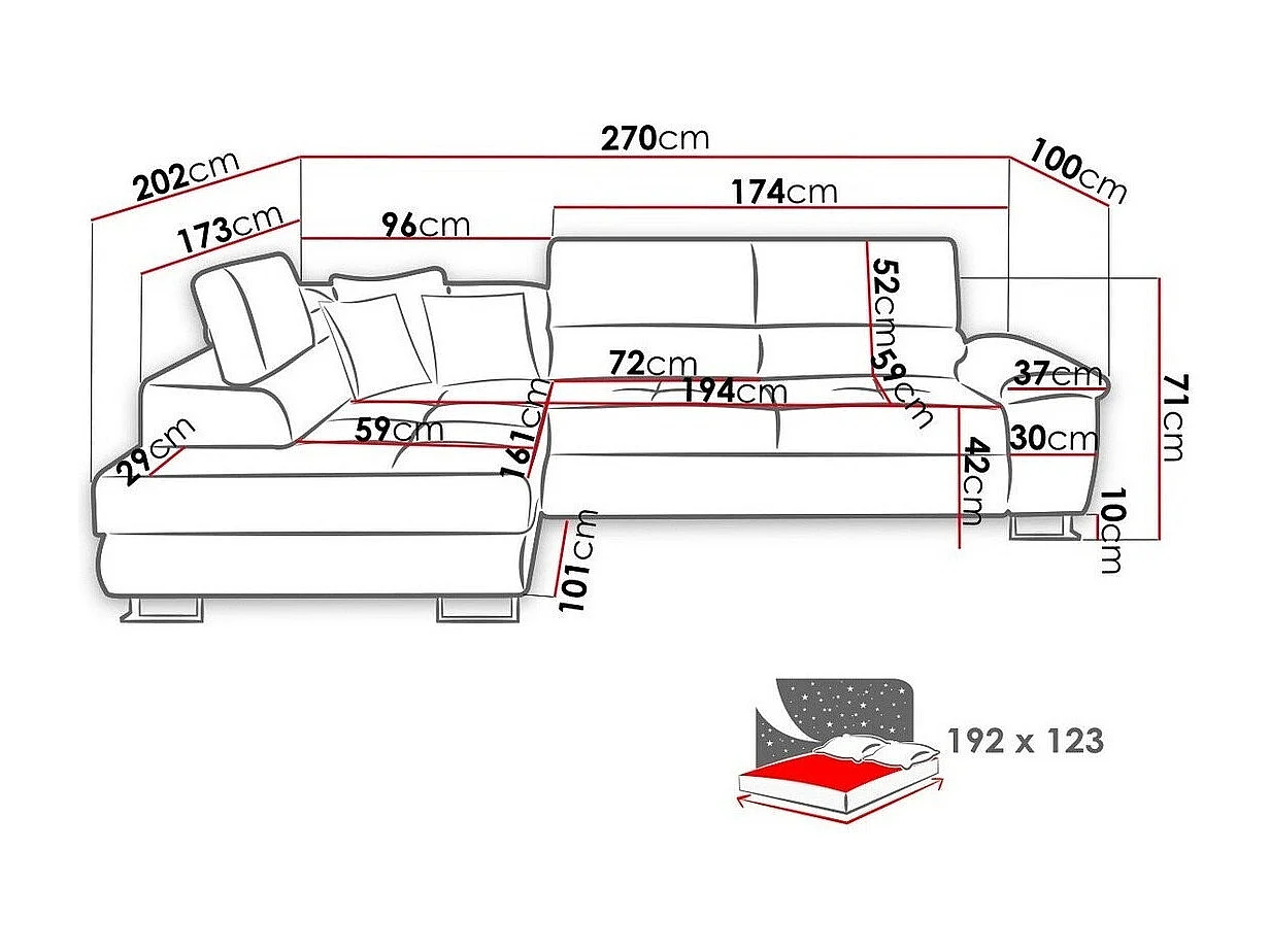 Sofá rinconero Comfivo 167, Gris, Función de descanso, Almacenaje, 270x202x71cm