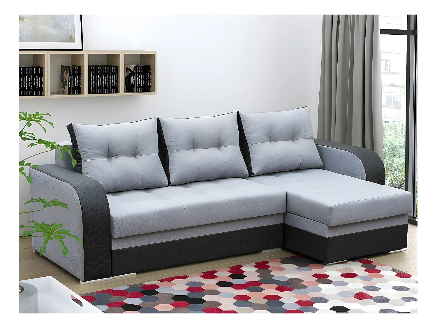 Canapé d'angle Boulder 101, Gris, Fonction de couchage, Boîte de literie, 238x140x88cm