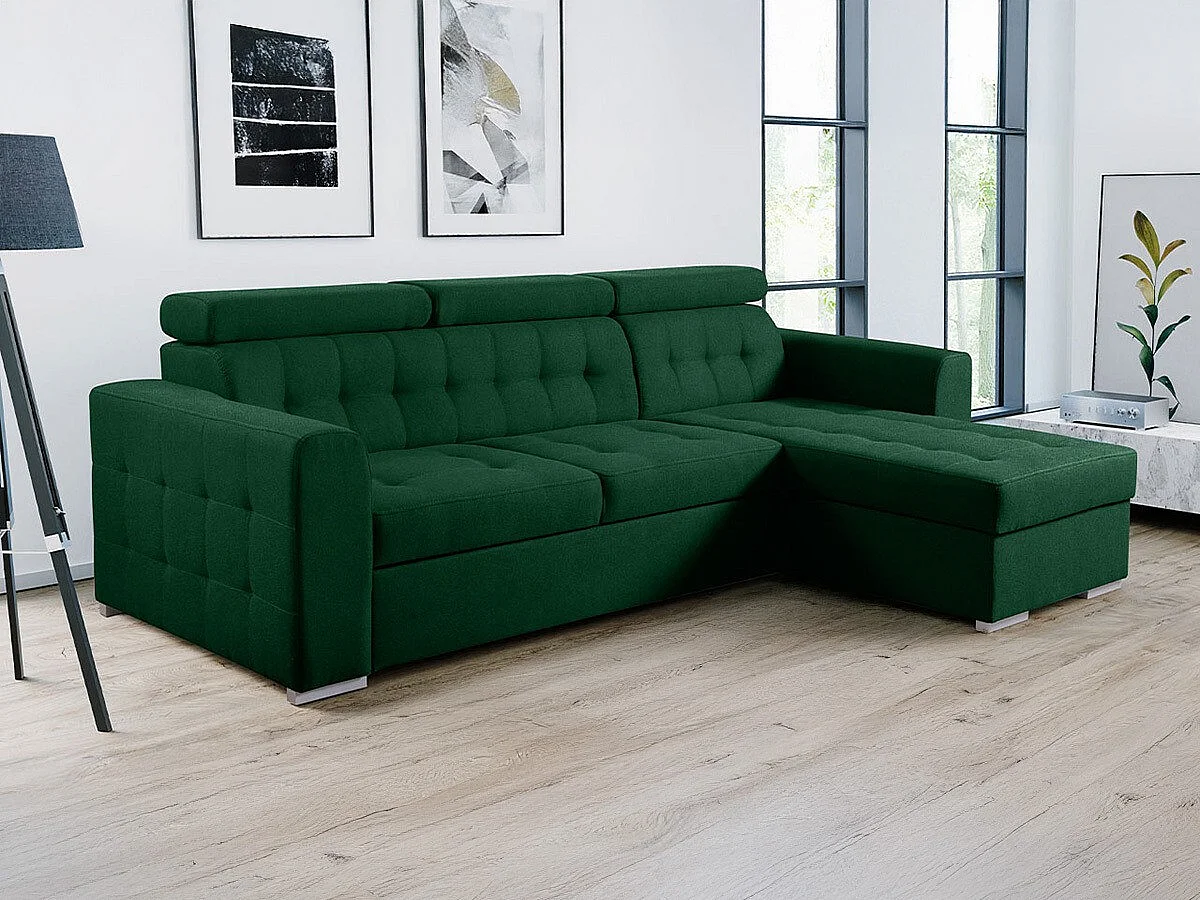 Sofá rinconero Temple 123, Verde, Función de descanso, Almacenaje, 265x175x87cm