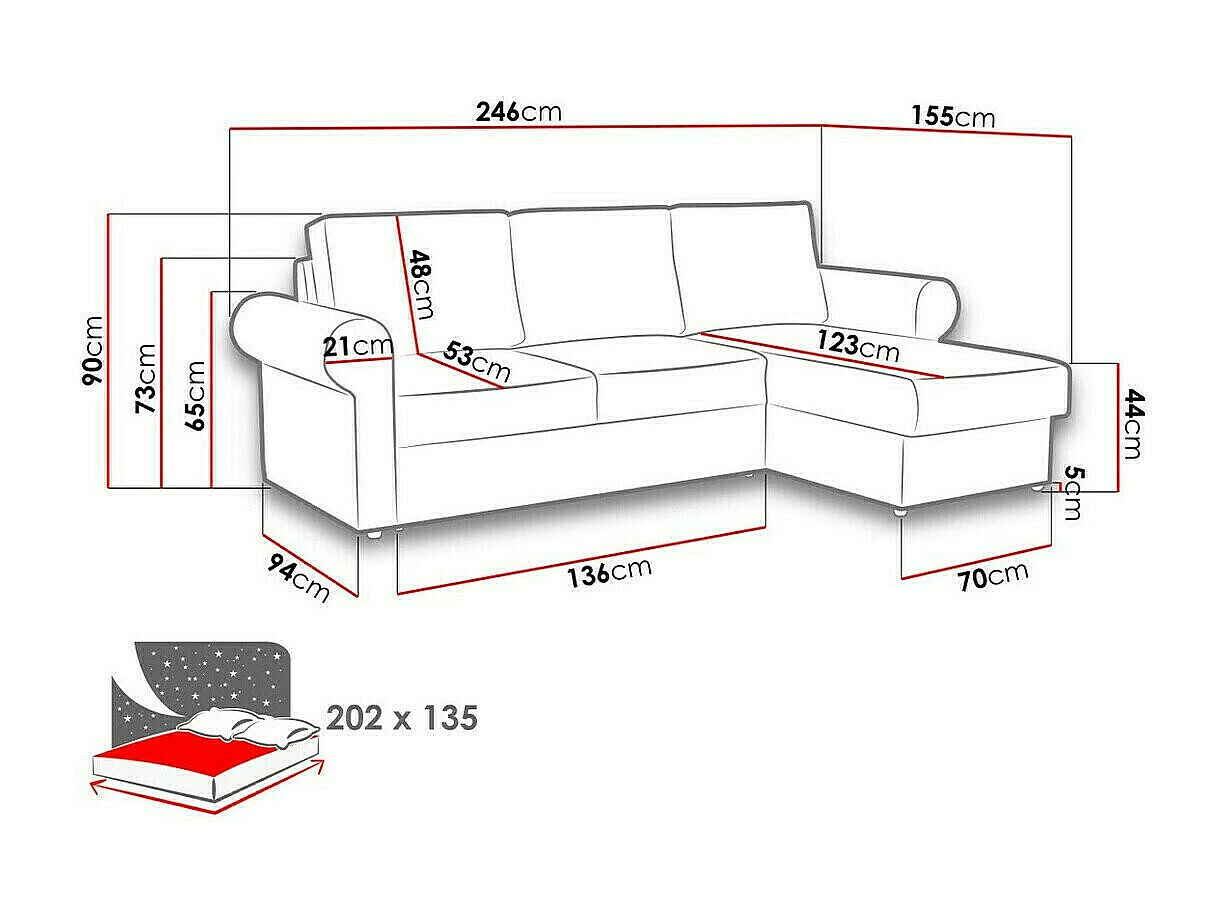 Canapé d'angle Columbus 131, Gris, Disponible, 246x155x90cm