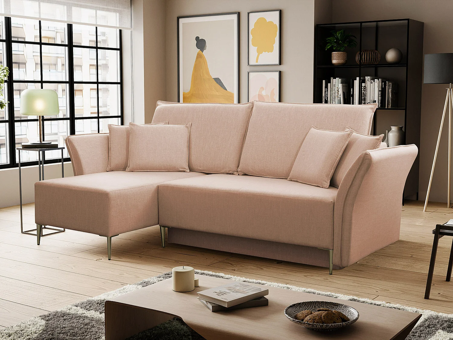 Canapé d'angle Providence 146, Rose, Fonction de couchage, Boîte de literie, 247x142x96cm