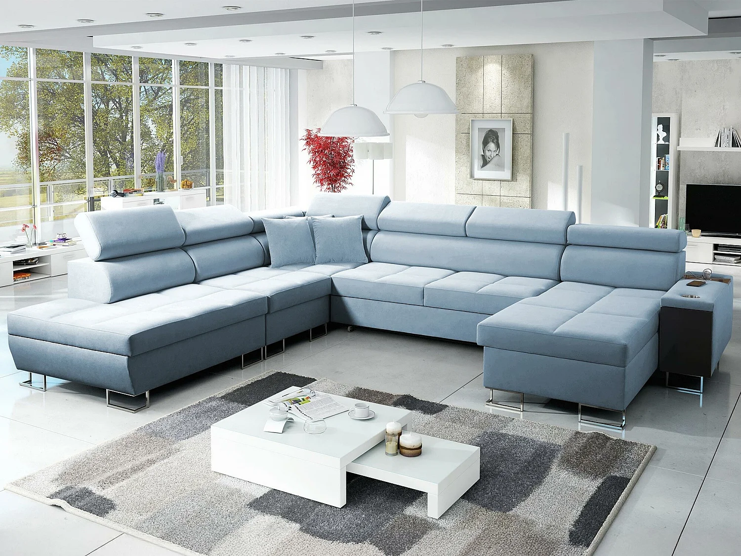 Canapé d'angle Sarasota 135, Bleu, Fonction de couchage, Boîte de literie, 360x298x84cm