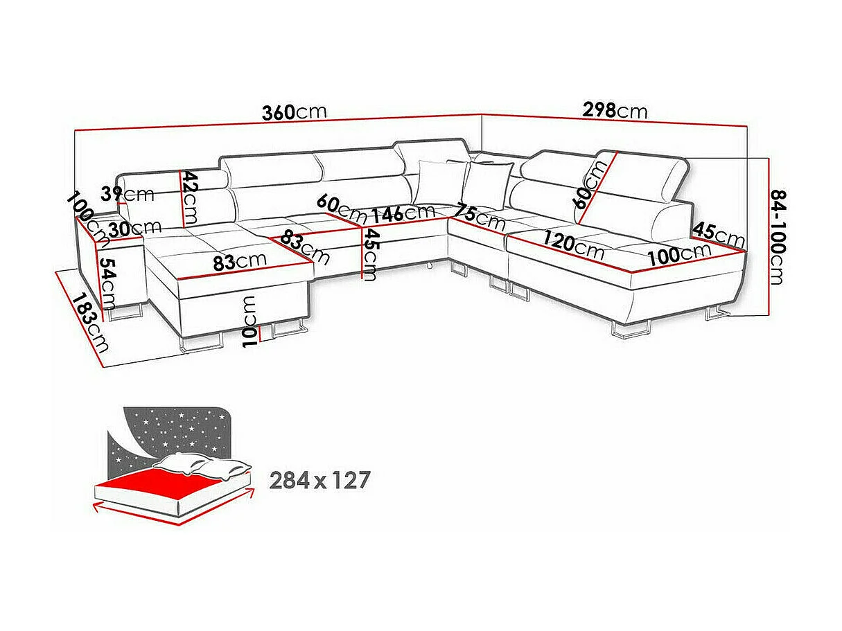 Canapé d'angle Sarasota 135, Bleu, Fonction de couchage, Boîte de literie, 360x298x84cm