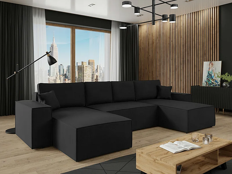 Sofá rinconero Clovis 109, Negro, Función de descanso, Almacenaje, 370x174x94cm