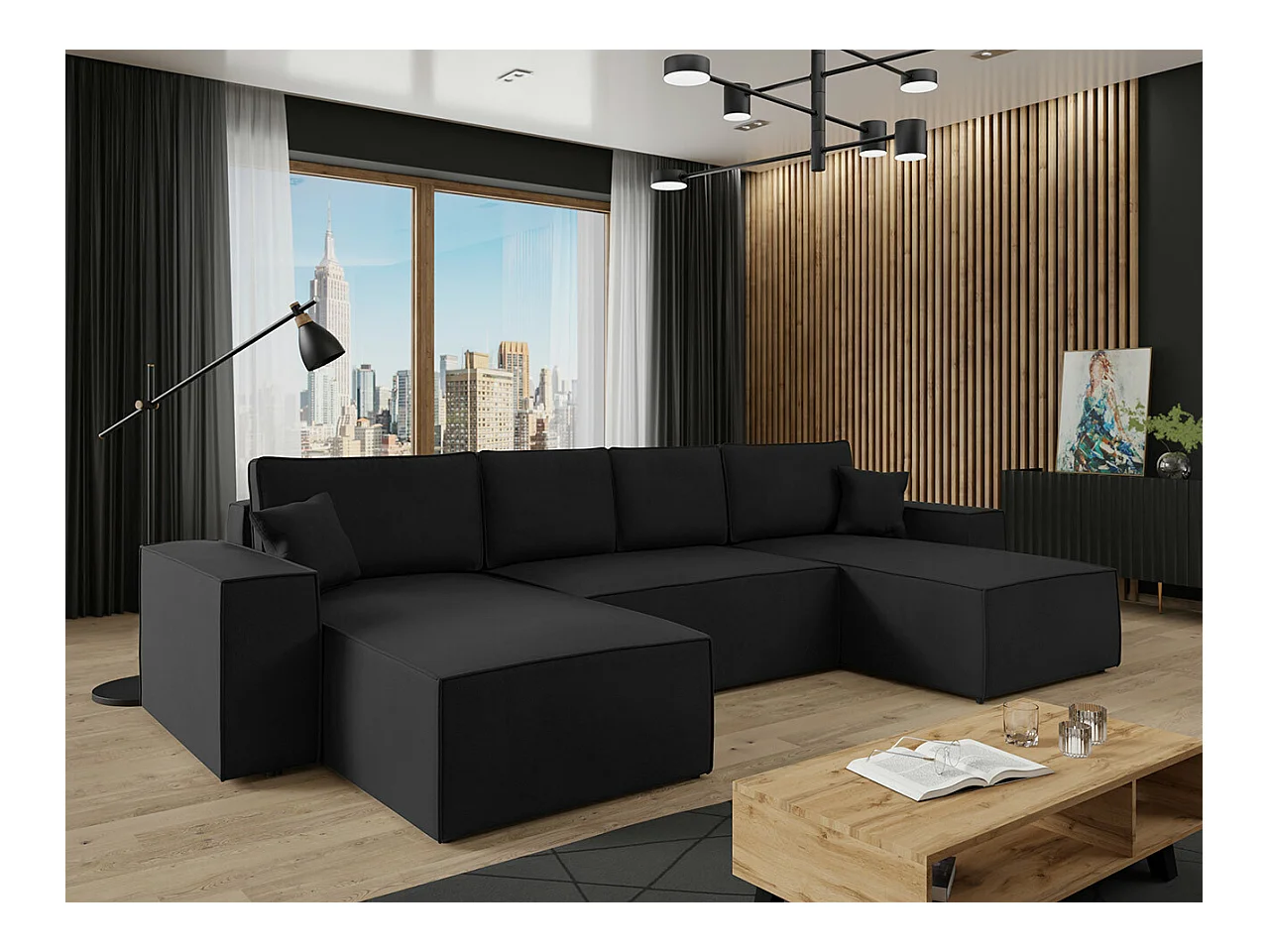 Sofá rinconero Clovis 109, Negro, Función de descanso, Almacenaje, 370x174x94cm
