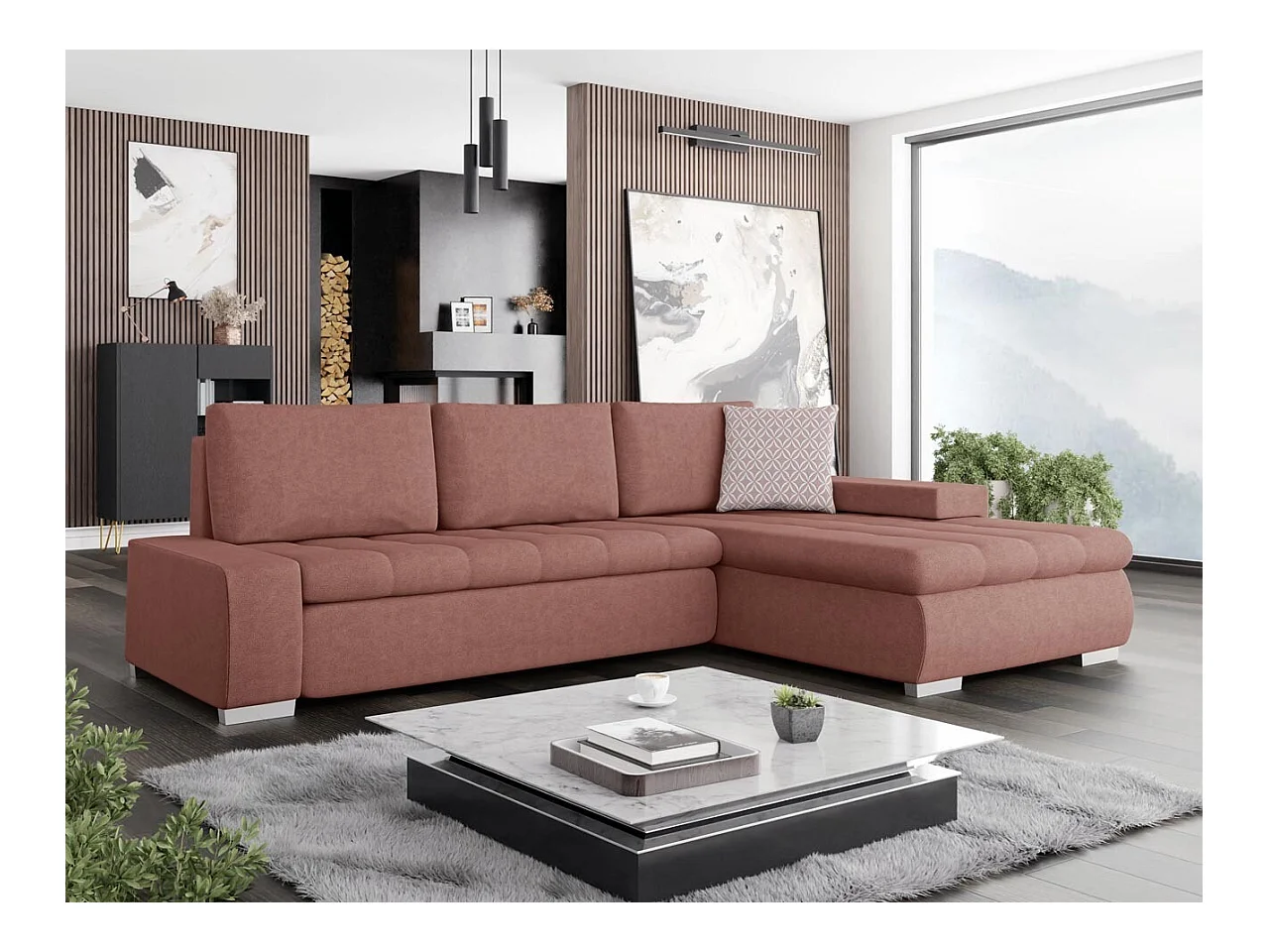 Canapé d'angle Comfivo 112, Rose, Fonction de couchage, Boîte de literie, 265x185x85cm