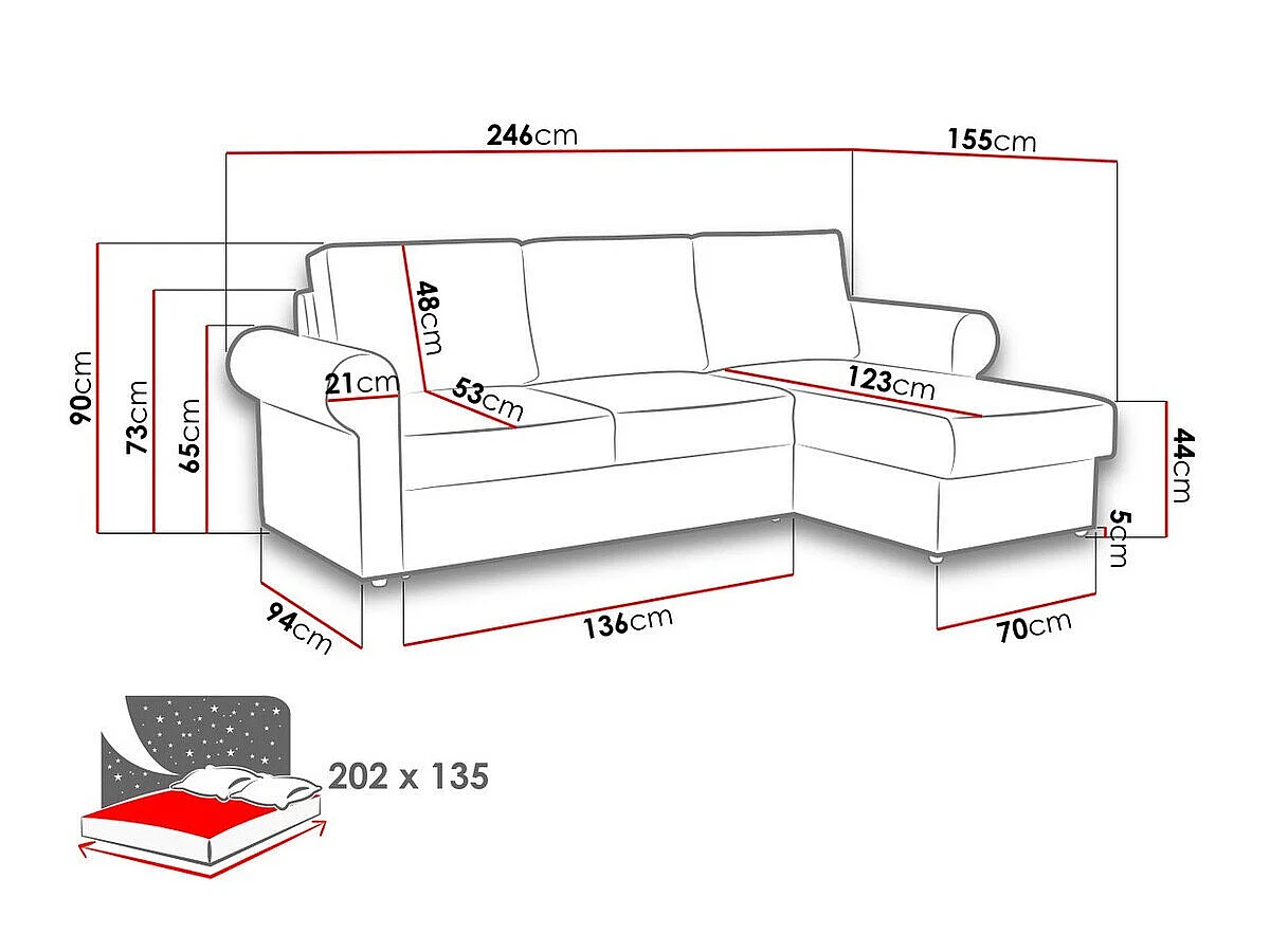 Canapé d'angle convertible 3 places en tissu rouge COLUMBUS 246x155x90 cm