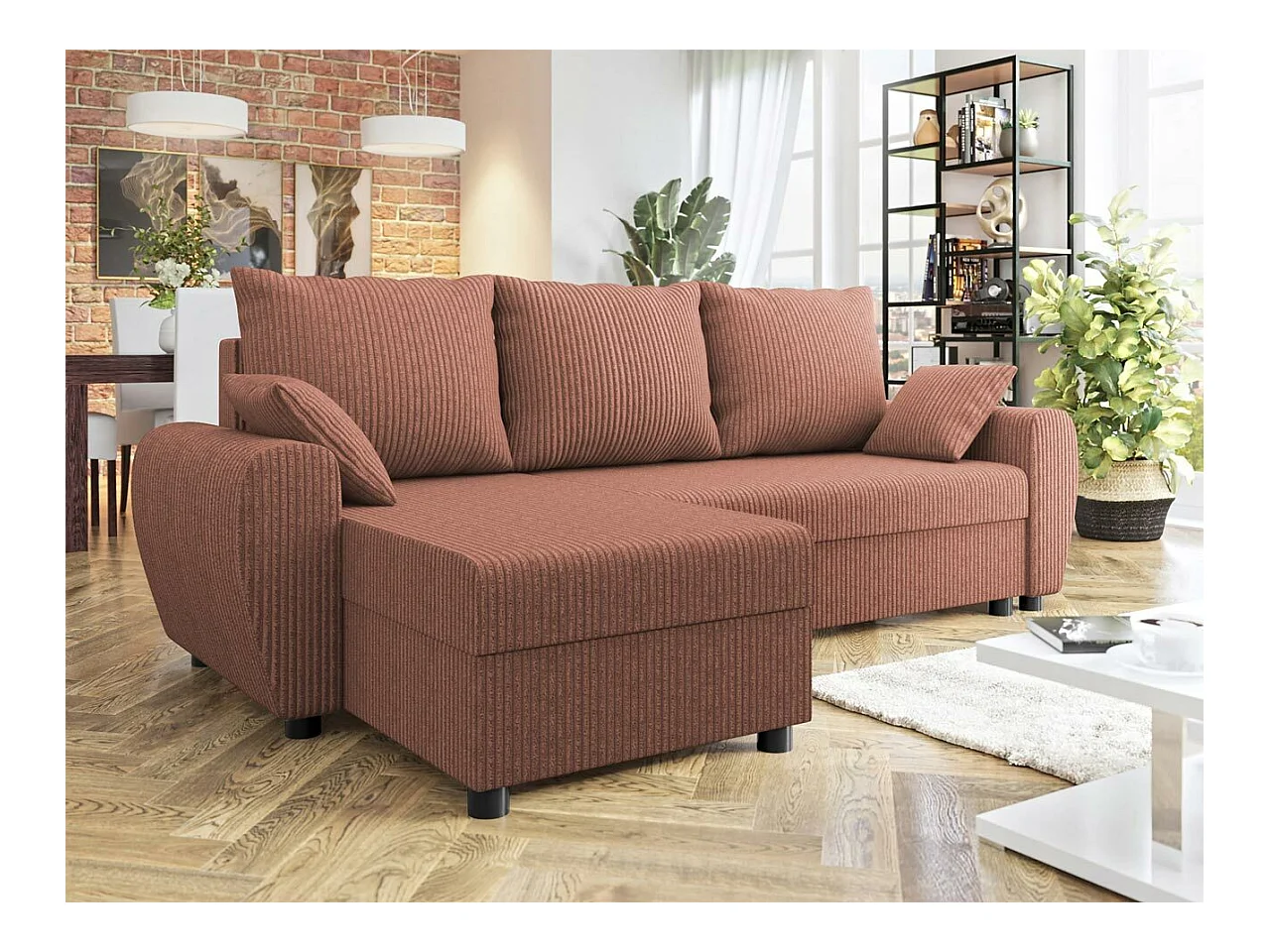 Canapé d'angle Memphis 123, Rose, Fonction de couchage, Boîte de literie, 242x139x83cm