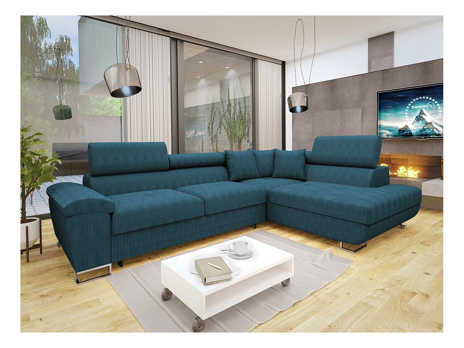 Canapé d'angle Comfivo 139, Bleu, Fonction de couchage, Boîte de literie, 270x202x71cm
