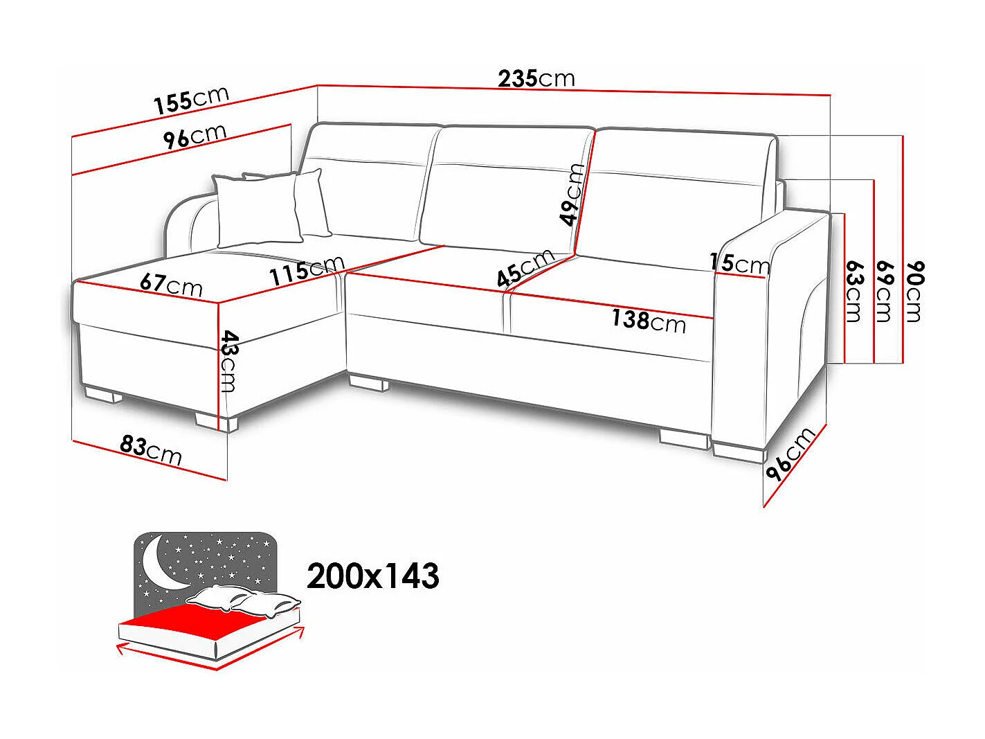 Canapé d'angle Edinburg 102, Noir, Fonction de couchage, Boîte de literie, 235x155x90cm