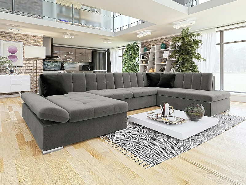 Sofá rinconero Comfivo 149, Gris, Función de descanso, Almacenaje, 345x205x76cm