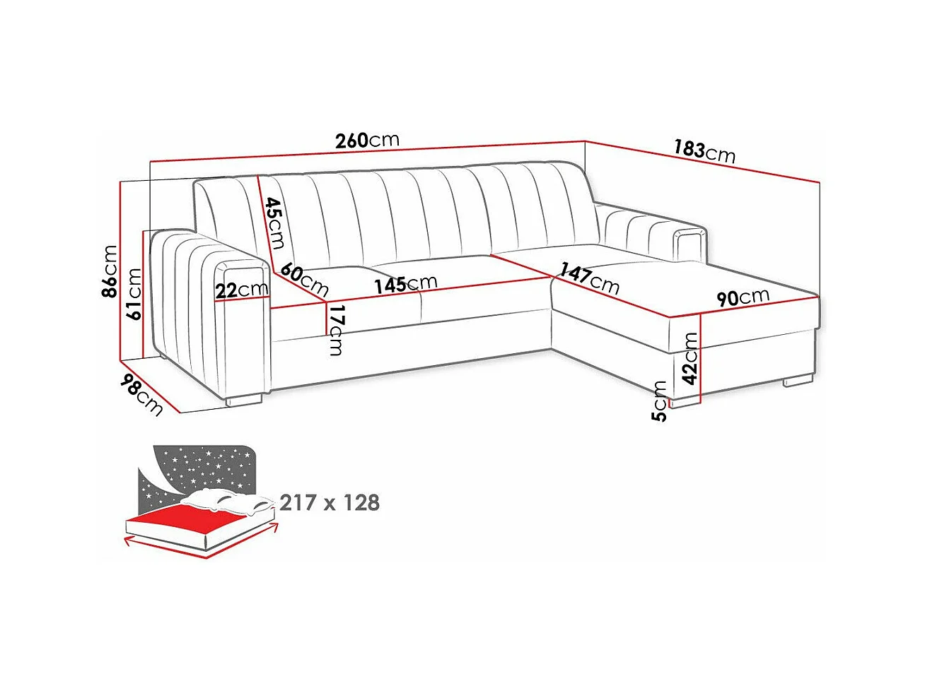 Canapé d'angle Columbus 166, Gris, Fonction de couchage, Boîte de literie, 260x183x86cm
