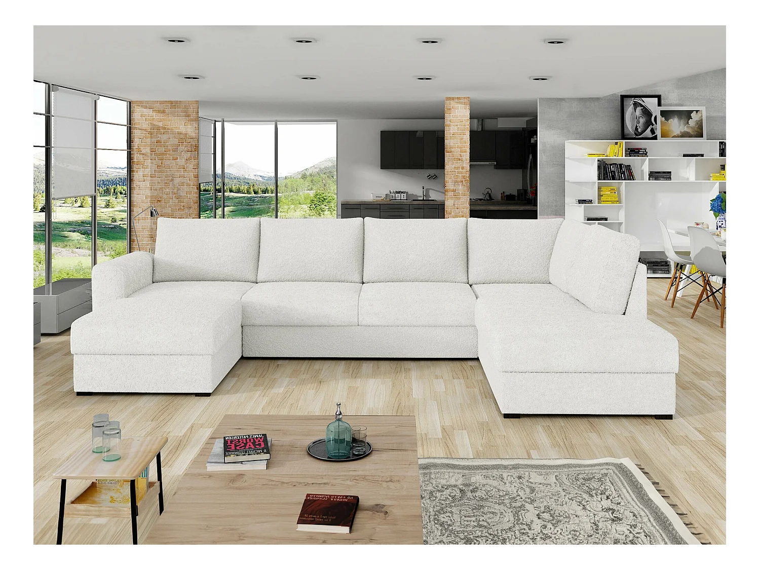 Canapé d'angle Comfivo 261, Blanc, Fonction de couchage, Boîte de literie, 305x188x85cm