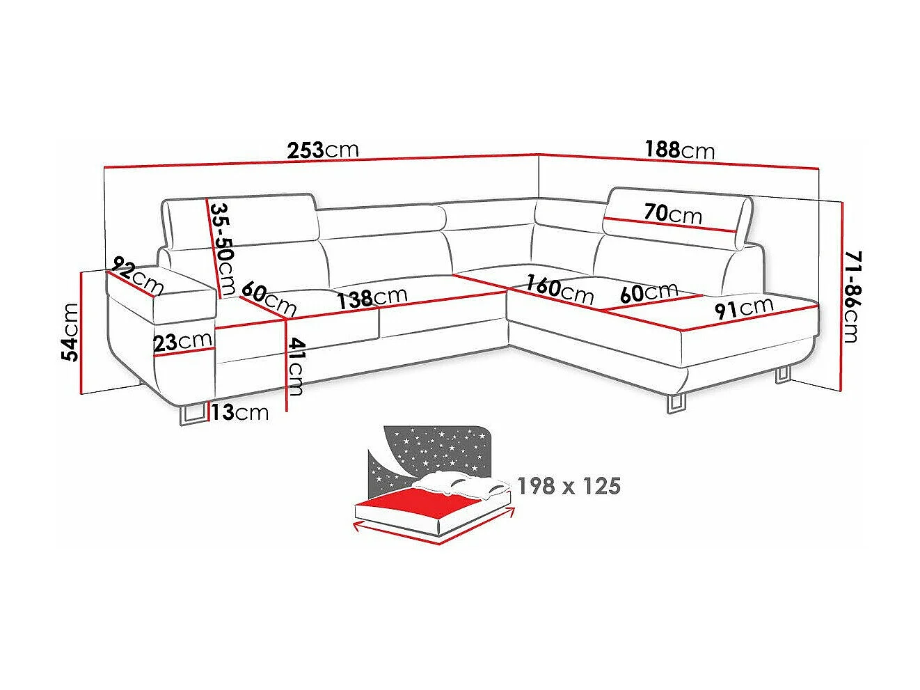 Canapé d'angle Comfivo 306, Gris, Fonction de couchage, Boîte de literie, 253x188x71cm