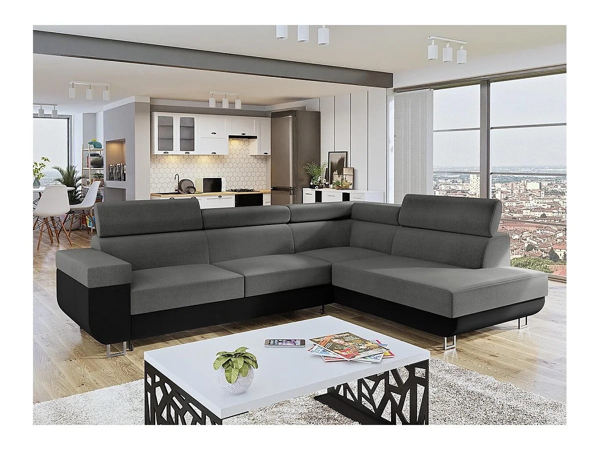 Canapé d'angle Comfivo 306, Gris, Fonction de couchage, Boîte de literie, 253x188x71cm