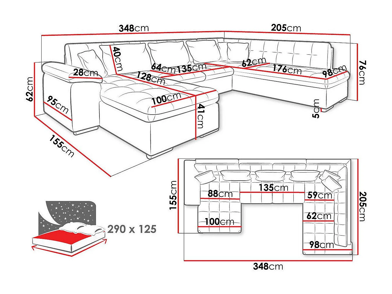 Canapé d'angle Comfivo 128, Noir, Fonction de couchage, 348x205x76cm