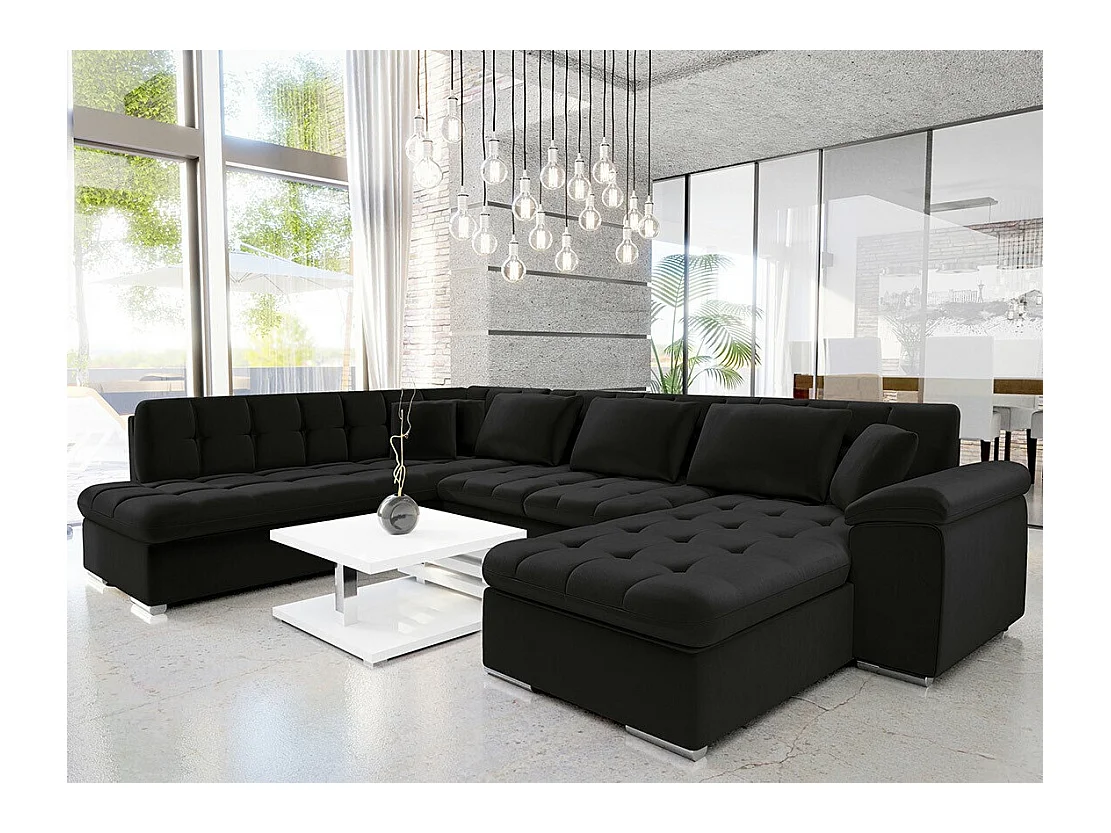 Canapé d'angle Comfivo 128, Noir, Fonction de couchage, 348x205x76cm