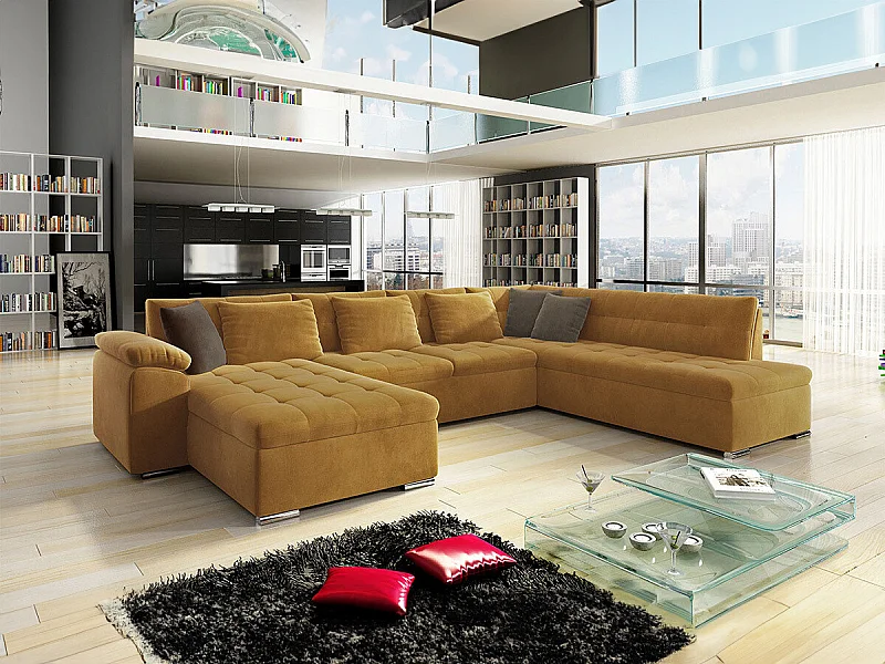 Sofá rinconero Comfivo 114, Amarillo, Función de descanso, Almacenaje, 348x205x76cm