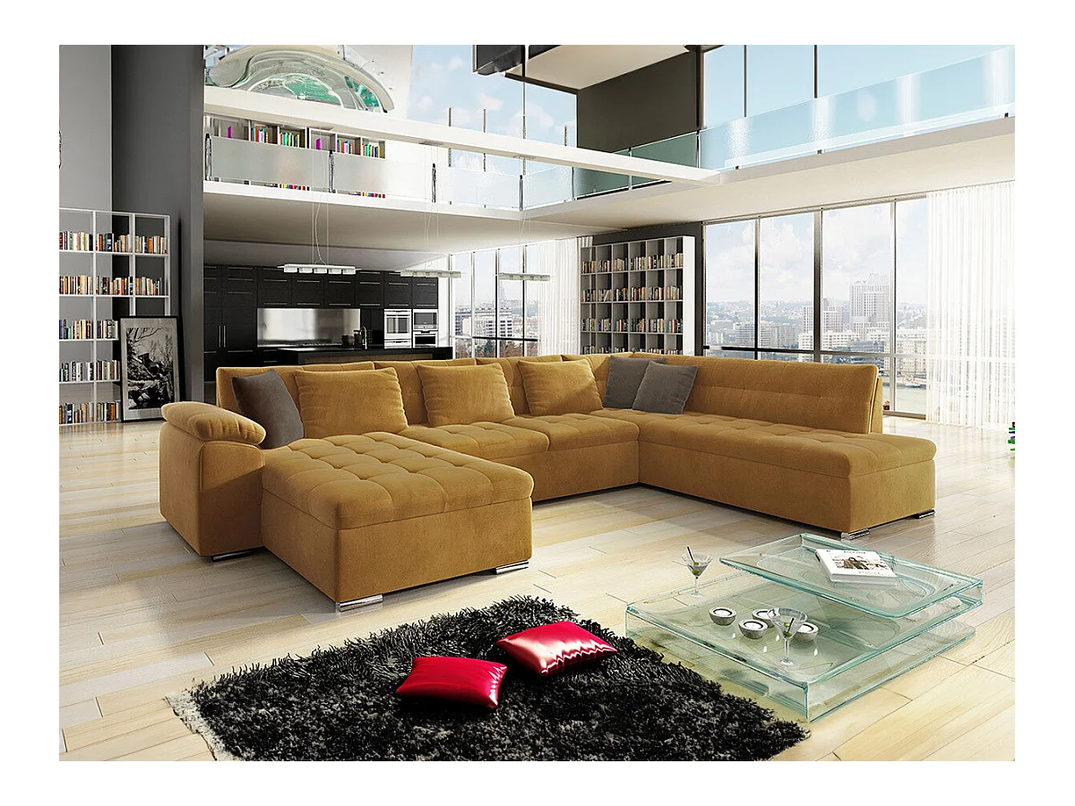 Canapé d'angle Comfivo 114, Jaune, Fonction de couchage, Boîte de literie, 348x205x76cm
