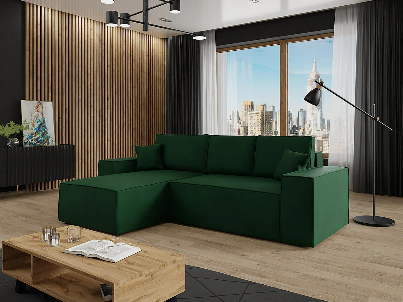 Sofá rinconero Clovis 108, Verde, Función de descanso, Almacenaje, 279x174x94cm