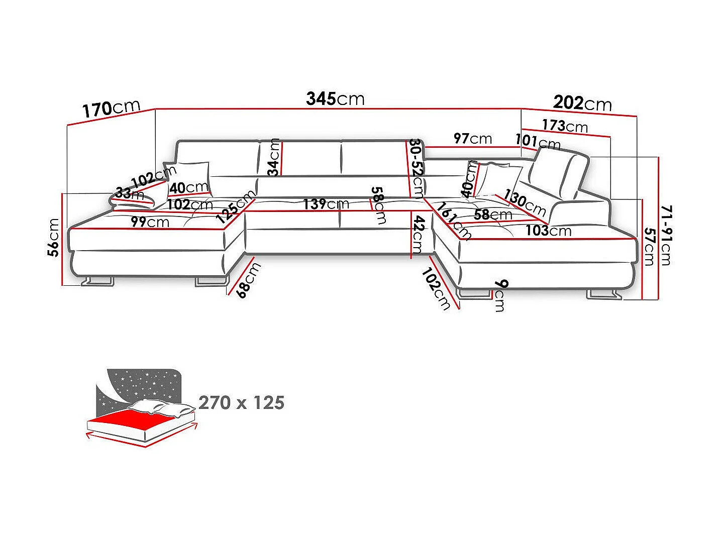 Sofá rinconero Comfivo 138, Gris, Función de descanso, Almacenaje, 345x202x71cm