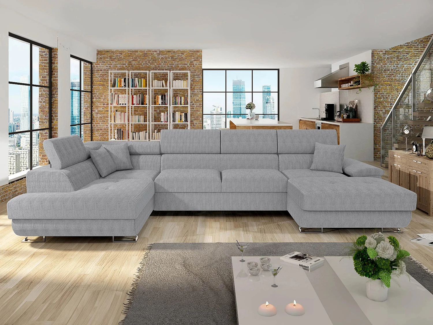 Canapé d'angle Comfivo Ruta, Gris clair, Disponible, 345x202x71cm