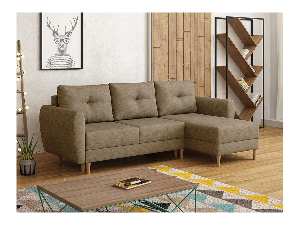 Canapé d'angle Muncie 105, Brun clair, Fonction de couchage, Boîte de literie, 235x145cm