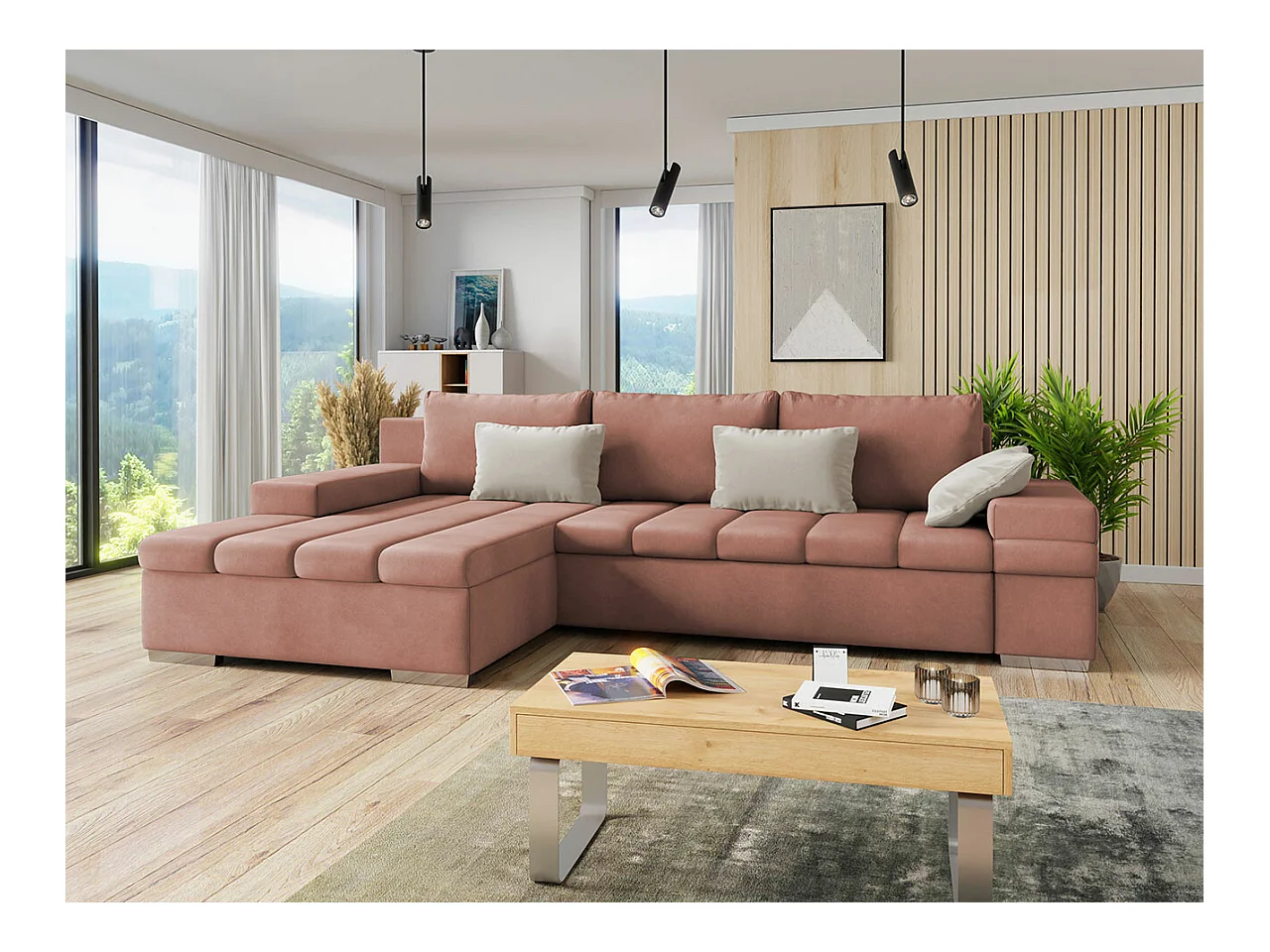 Canapé d'angle Comfivo 169, Rose, Fonction de couchage, Boîte de literie, 310x175x83cm