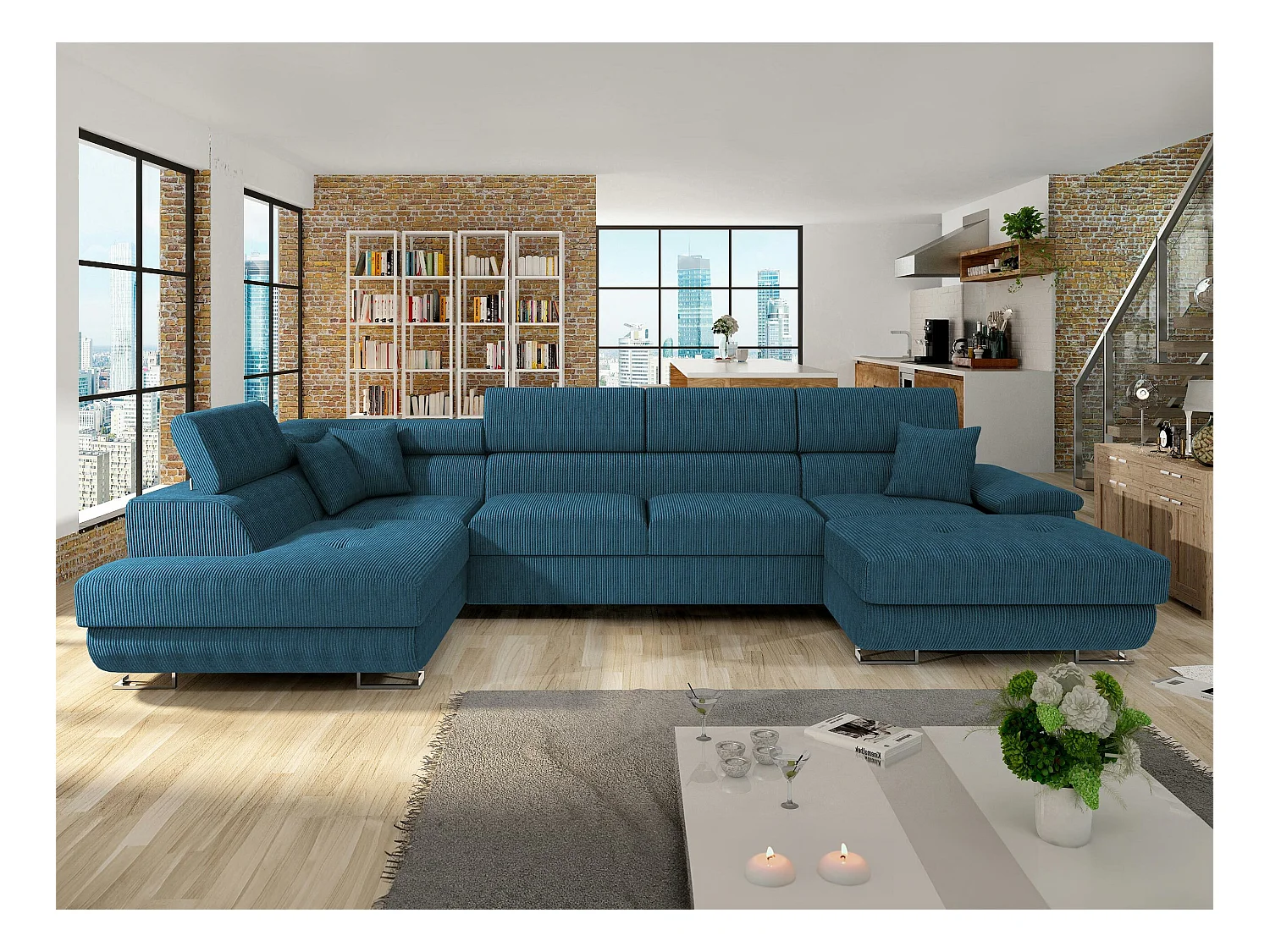 Canapé d'angle Comfivo 138, Bleu, Fonction de couchage, Boîte de literie, 345x202x71cm