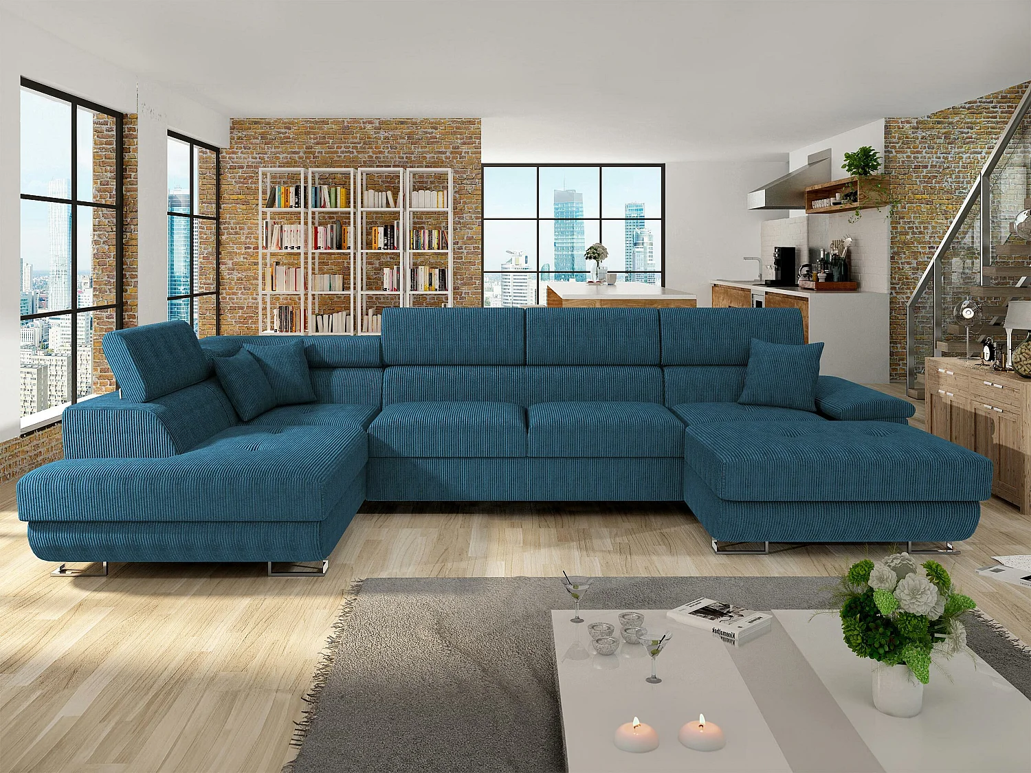 Sofá rinconero Comfivo Ruta, Azul, Función de descanso, Almacenaje, 345x202x71cm