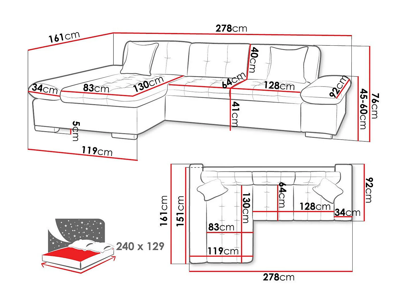 Sofá rinconero Comfivo 152, Gris, Función de descanso, Almacenaje, 278x161x76cm
