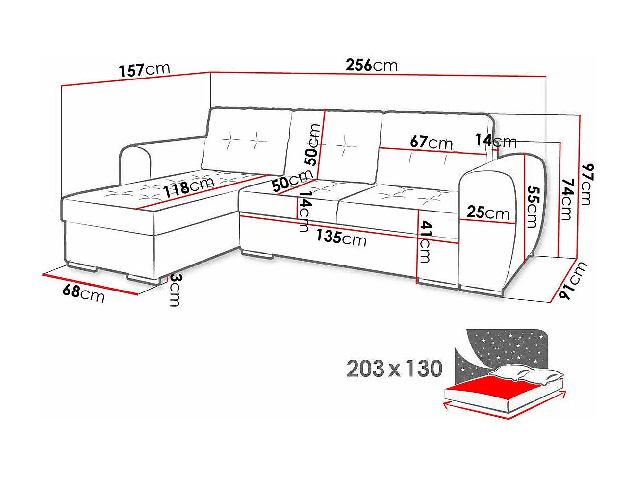 Canapé d'angle Muncie 109, Pourpre, Disponible, 256x157x97cm