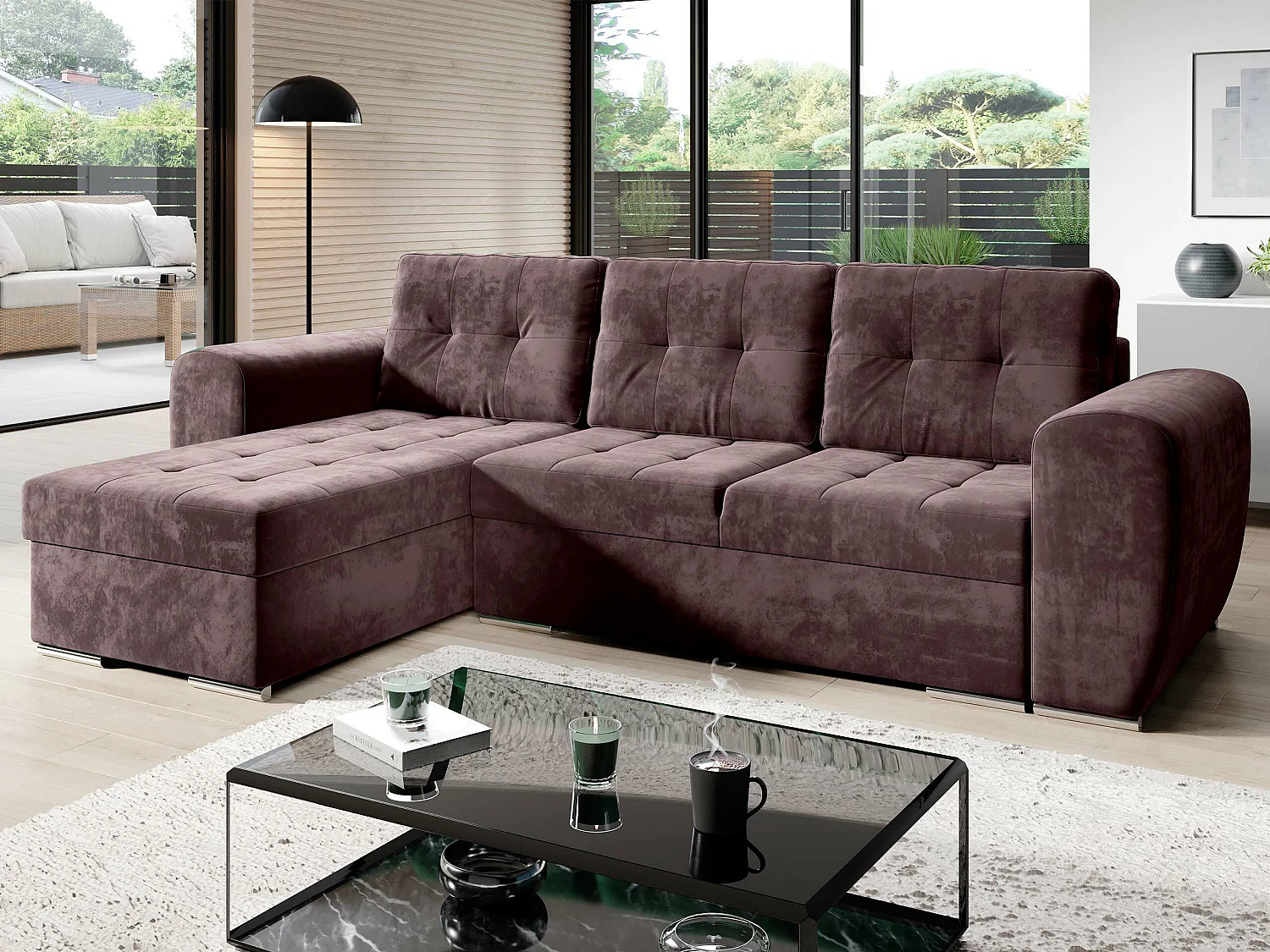 Canapé d'angle Muncie 109, Pourpre, Disponible, 256x157x86cm