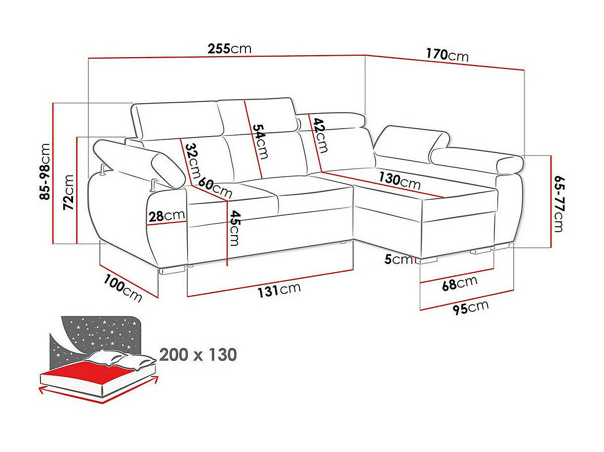 Canapé d'angle Columbus 132, Gris, Disponible, 255x170x85cm