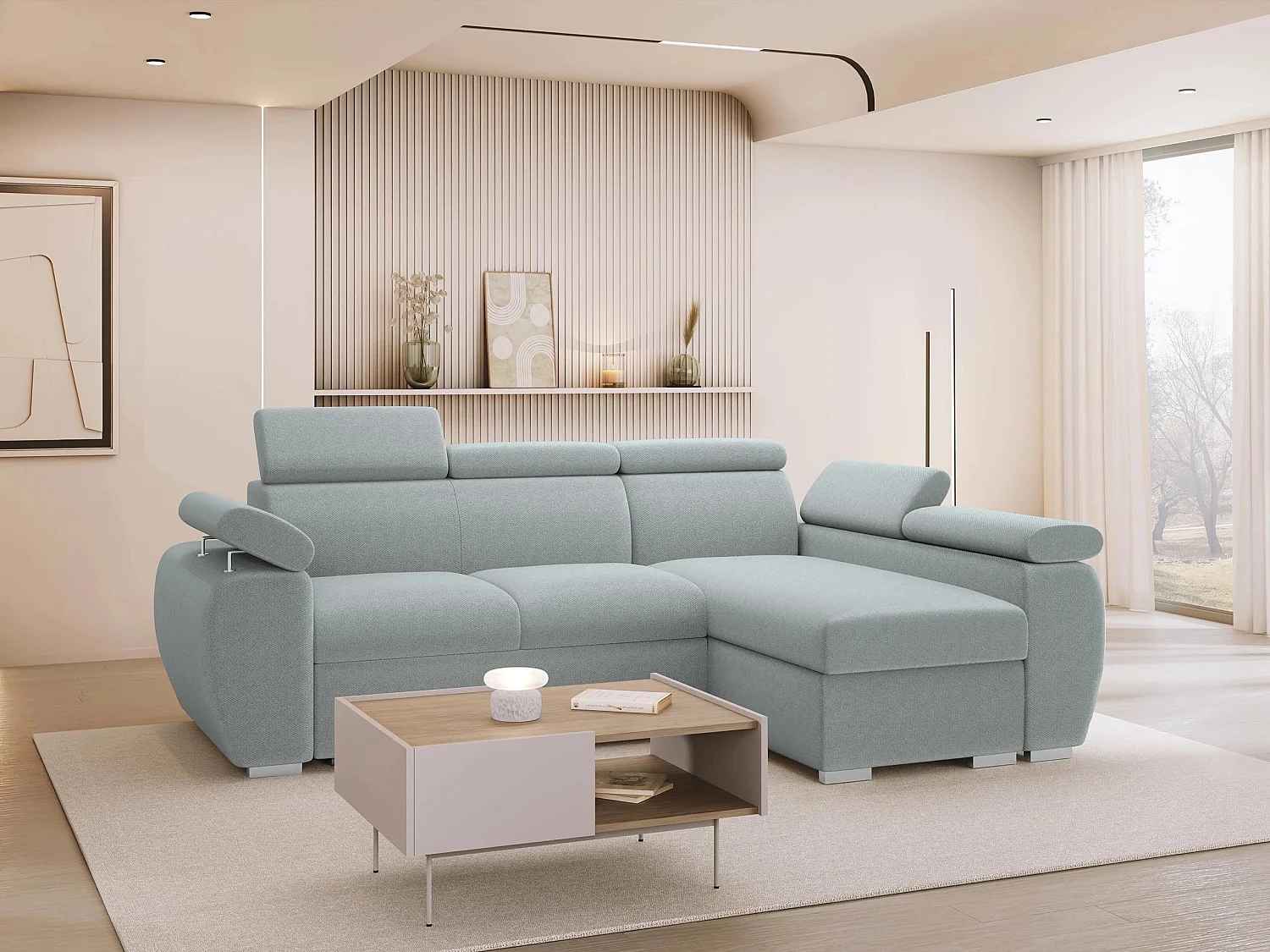 Canapé d'angle Columbus 132, Gris clair, Disponible, 255x170x85cm
