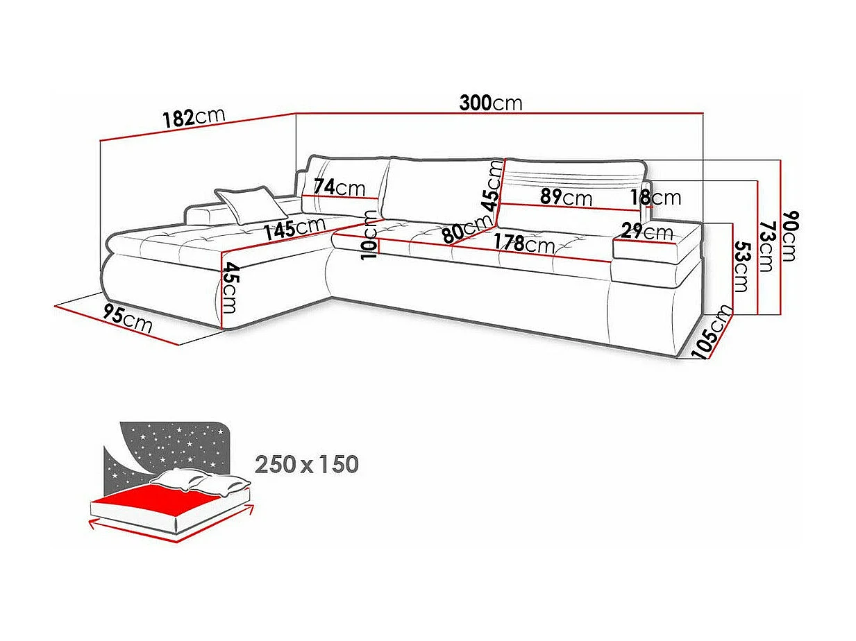 Canapé d'angle Temple 100, Gris, Fonction de couchage, Boîte de literie, 300x182x90cm