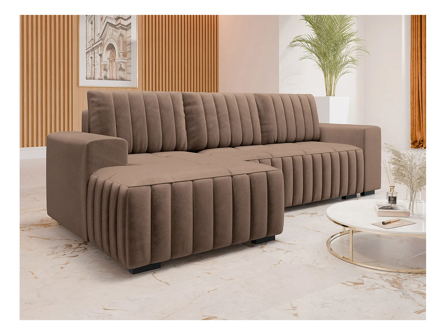 Canapé d'angle Columbus 154, Marron, Fonction de couchage, Boîte de literie, 240x140x85cm