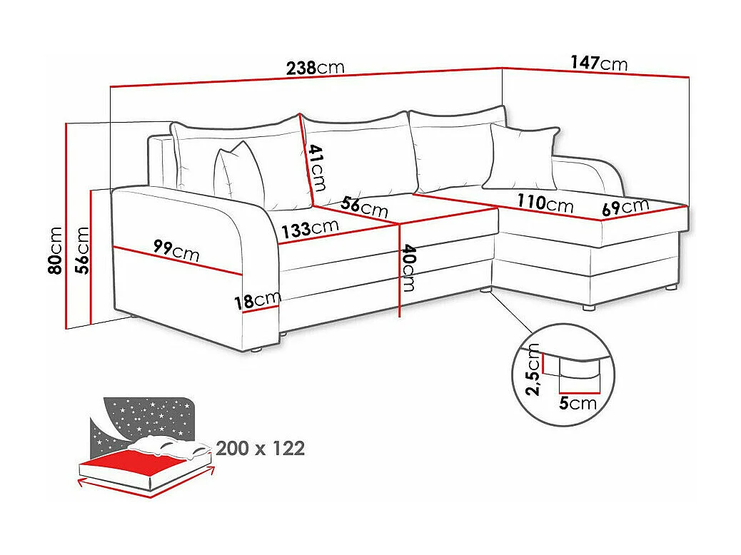 Divano angolare Comfivo 203, Fucsia, Con, 238x147x80cm