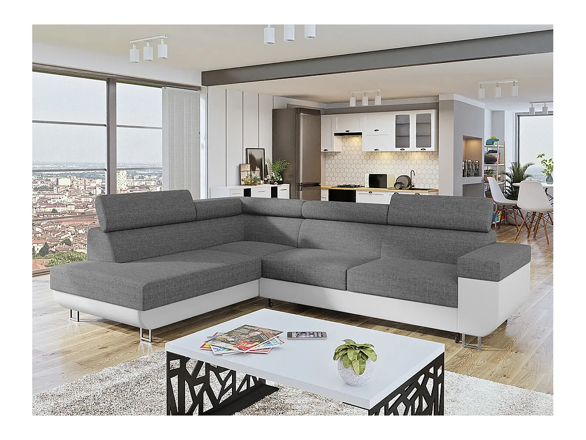 Canapé d'angle Comfivo 306, Gris, Fonction de couchage, Boîte de literie, 253x188x71cm