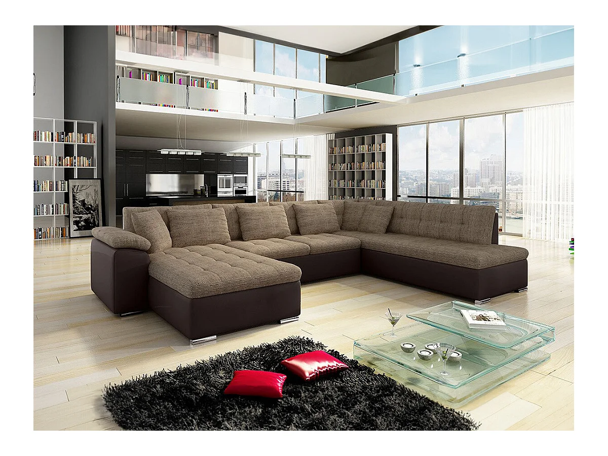 Canapé d'angle Comfivo 128, Marron, Fonction de couchage, 348x205x76cm