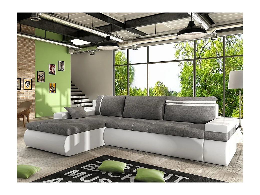 Canapé d'angle Temple 100, Gris, Fonction de couchage, Boîte de literie, 300x182x90cm