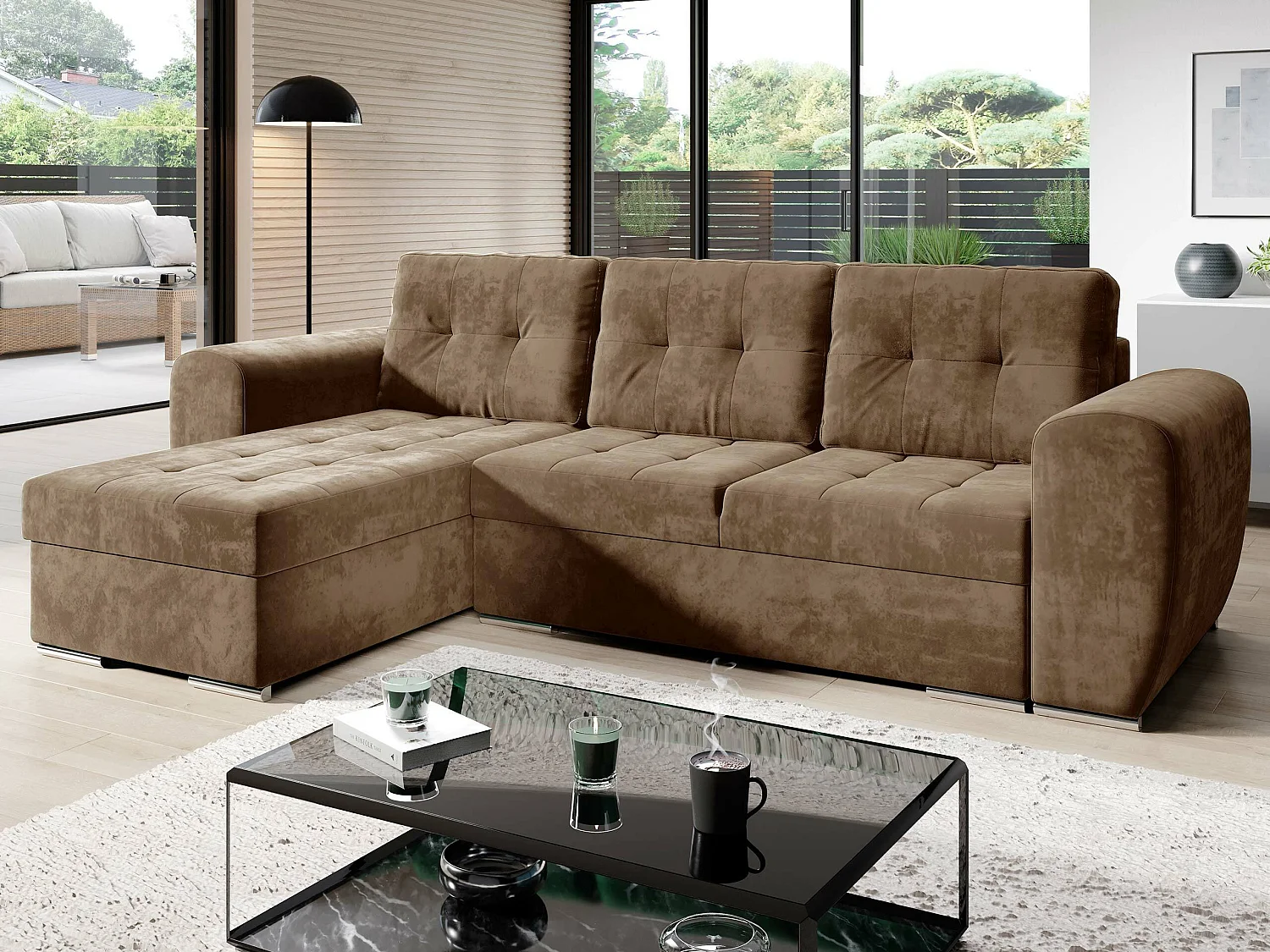 Canapé d'angle Muncie 109, Marron, Disponible, 256x157x82cm